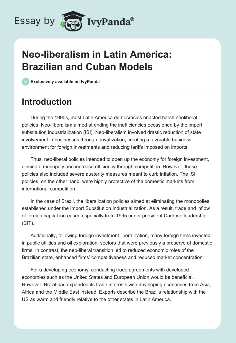 Neo-liberalism in Latin America: Brazilian and Cuban Models. Page 1