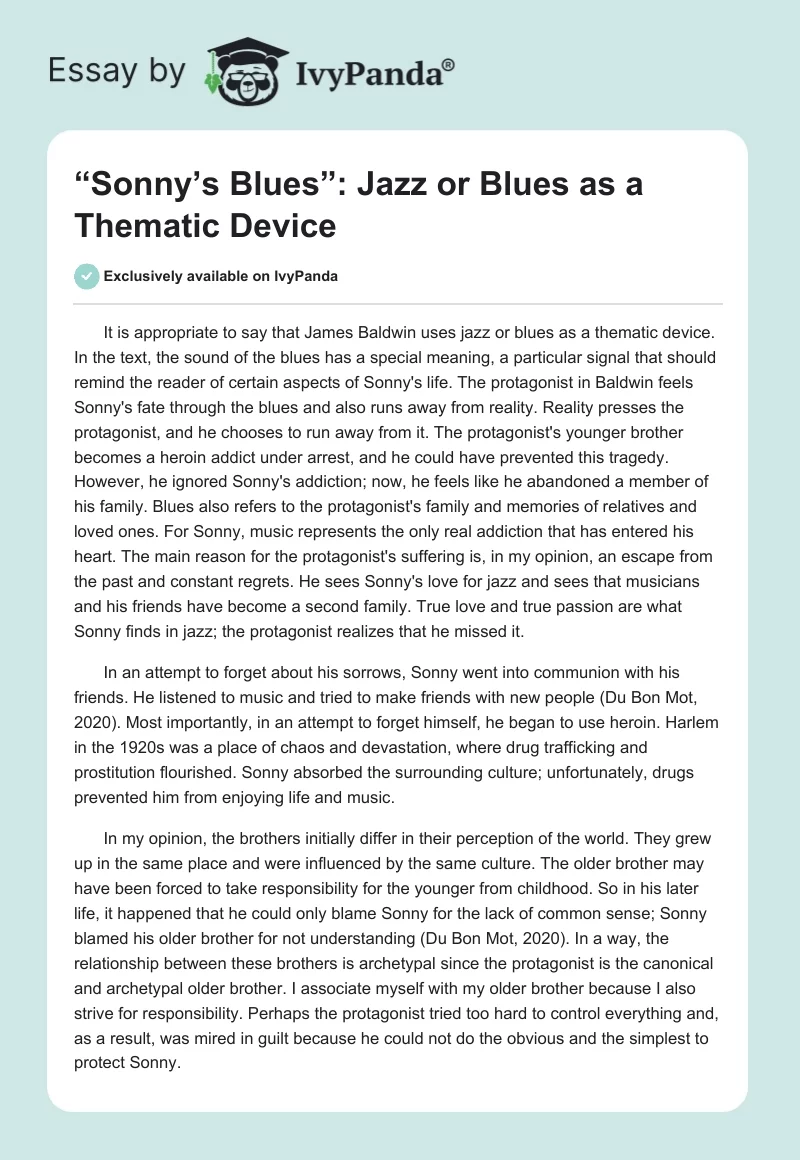“Sonny’s Blues”: Jazz or Blues as a Thematic Device. Page 1