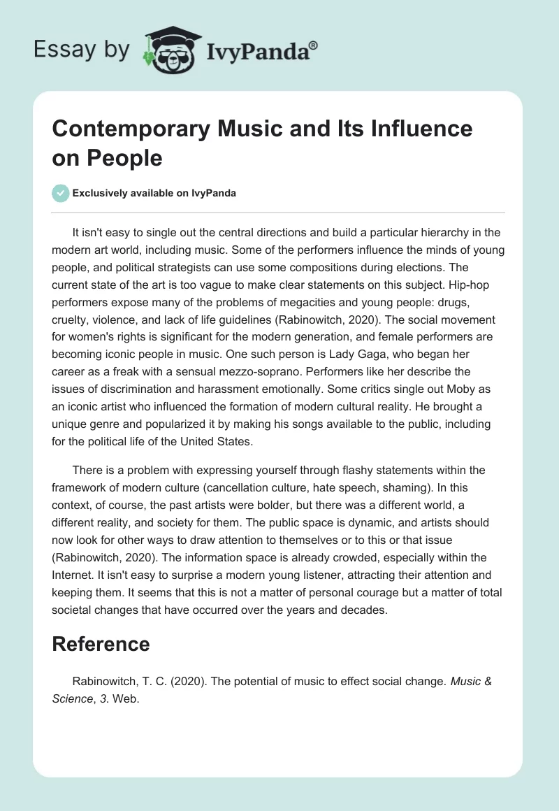 Contemporary Music and Its Influence on People. Page 1
