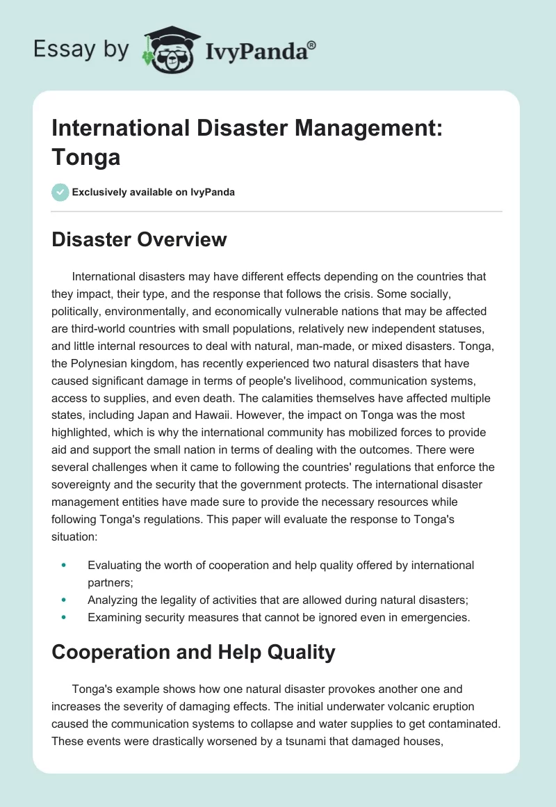 International Disaster Management: Tonga. Page 1