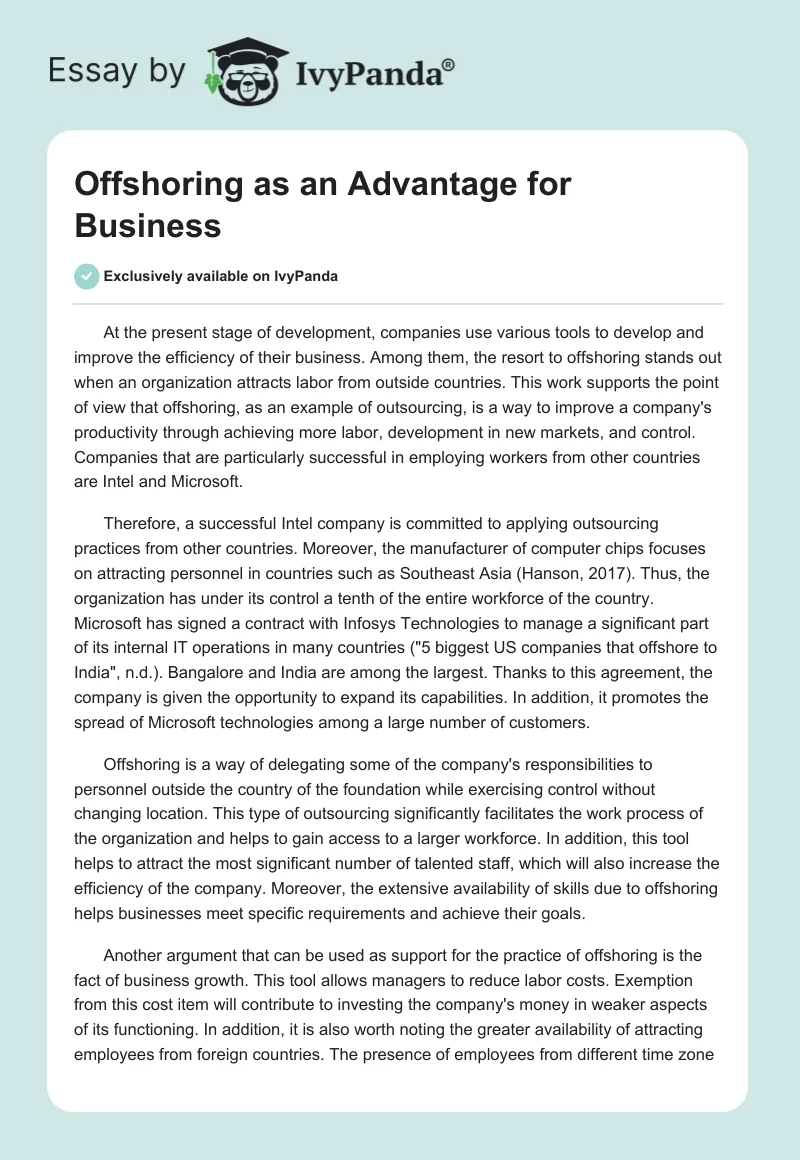 Offshoring as an Advantage for Business. Page 1