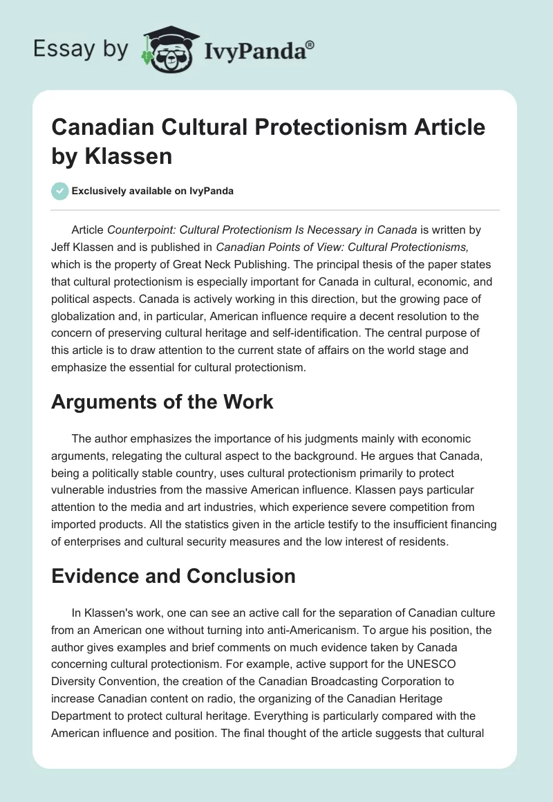 Canadian Cultural Protectionism Article by Klassen. Page 1