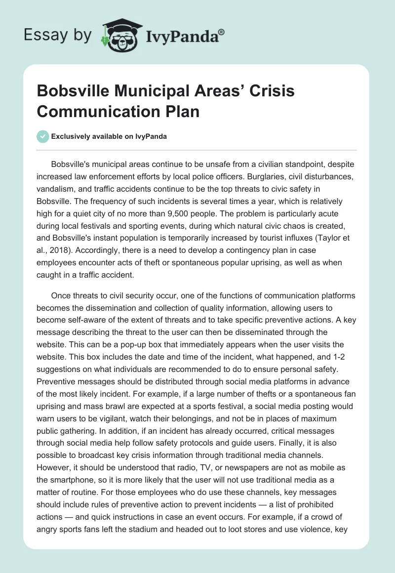 Bobsville Municipal Areas’ Crisis Communication Plan. Page 1