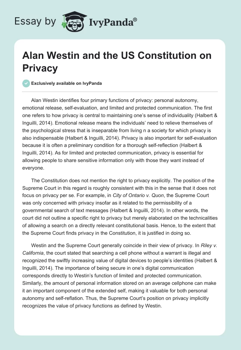 Alan Westin and the US Constitution on Privacy. Page 1