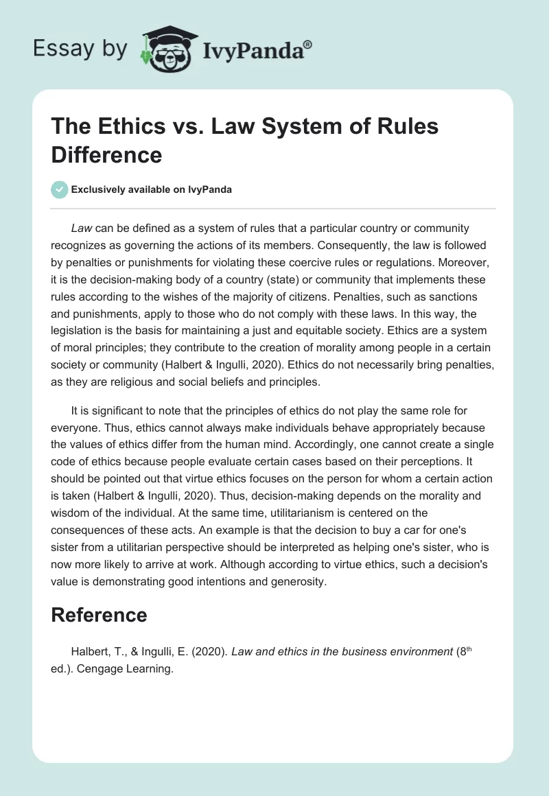The Ethics vs. Law System of Rules Difference. Page 1