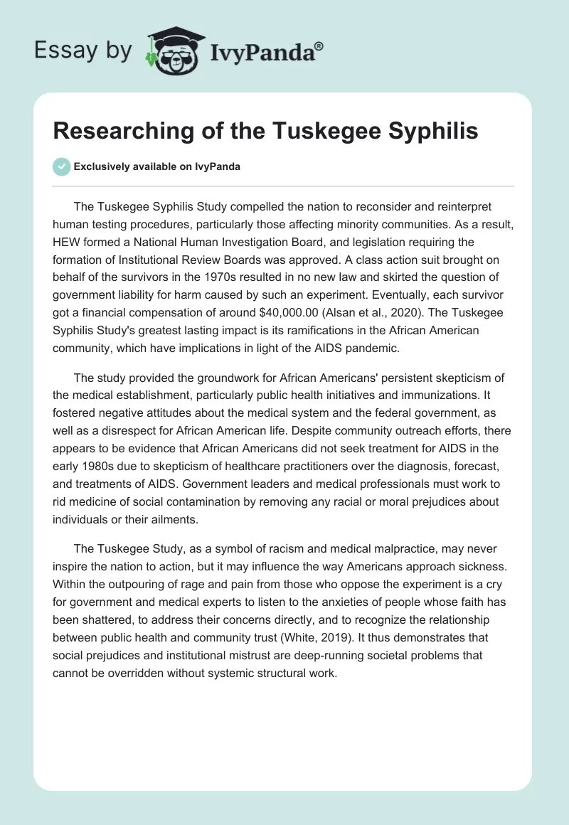 Researching of the Tuskegee Syphilis. Page 1