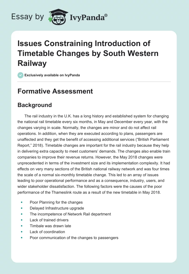 Issues Constraining Introduction of Timetable Changes by South Western Railway. Page 1