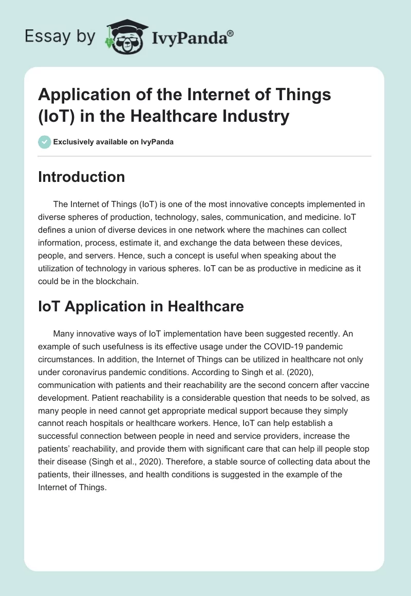 Application of the Internet of Things (IoT) in the Healthcare Industry. Page 1
