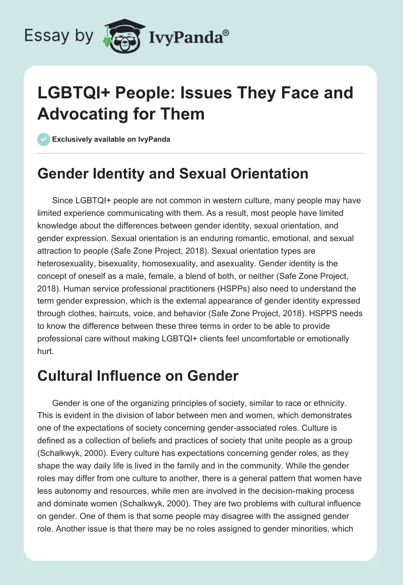 LGBTQI+ People: Issues They Face and Advocating for Them. Page 1