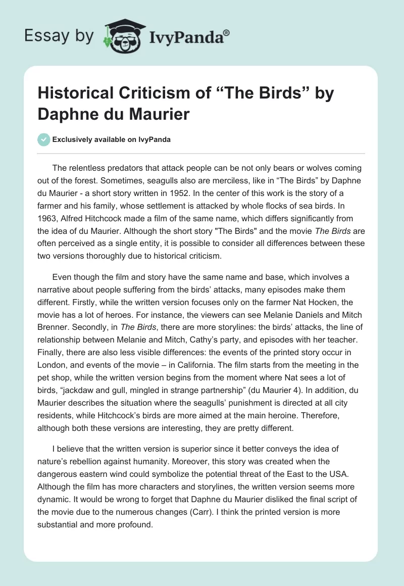 Historical Criticism of “The Birds” by Daphne du Maurier. Page 1