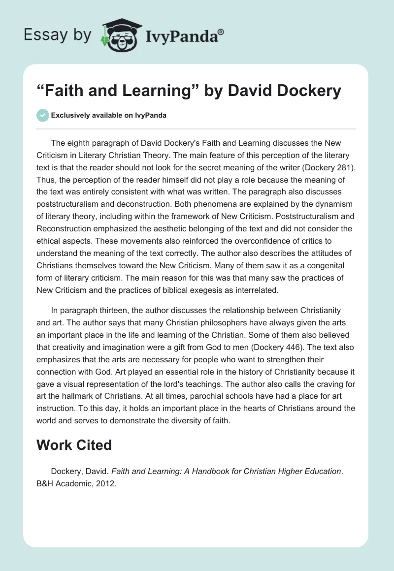 “Faith and Learning” by David Dockery. Page 1
