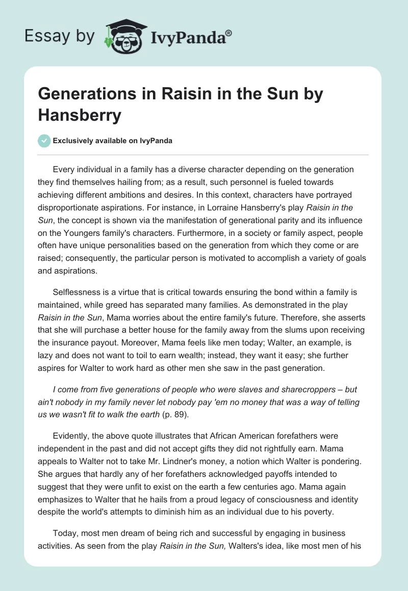 Generations in "A Raisin in the Sun" by Hansberry. Page 1