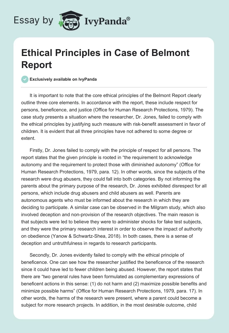 Ethical Principles in Case of Belmont Report. Page 1