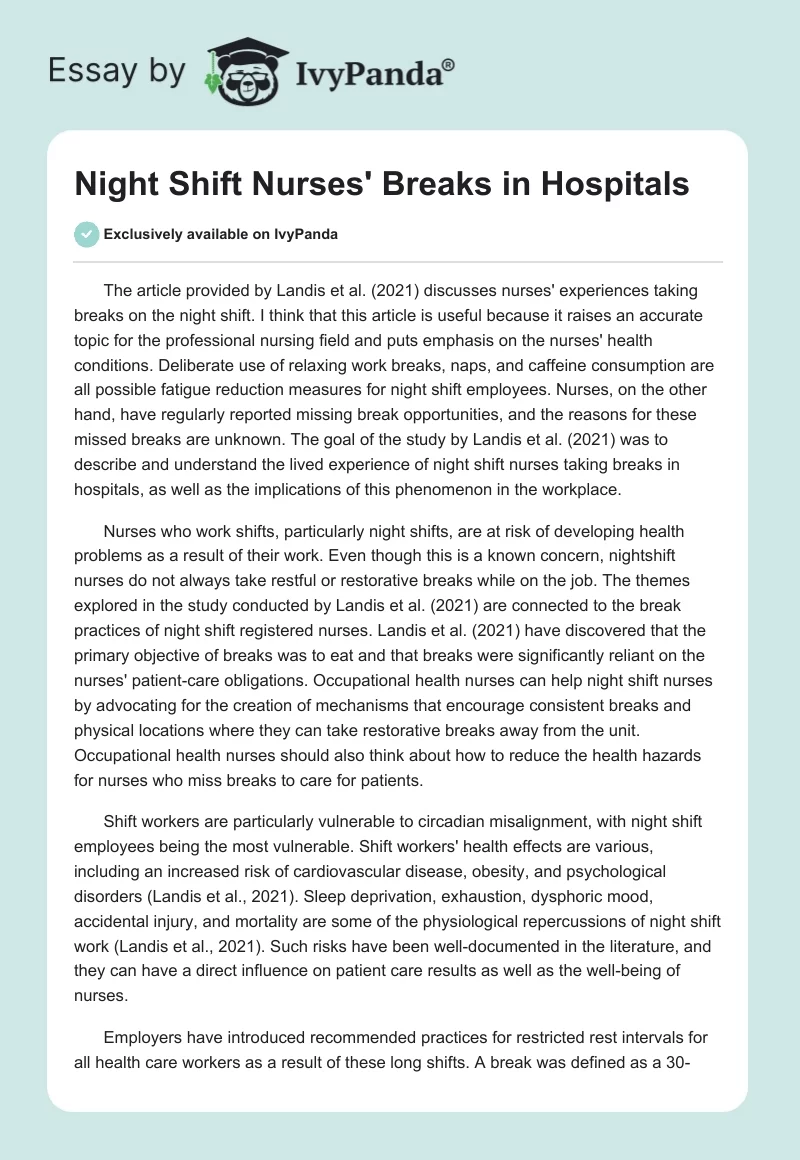 Night Shift Nurses' Breaks in Hospitals. Page 1