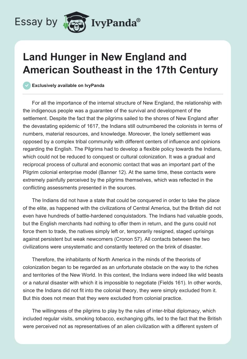 Land Hunger in New England and American Southeast in the 17th Century. Page 1