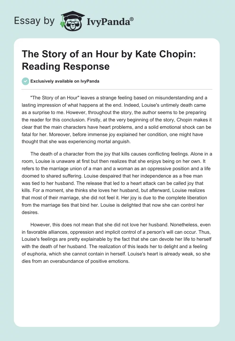 "The Story of an Hour" by Kate Chopin: Reading Response. Page 1