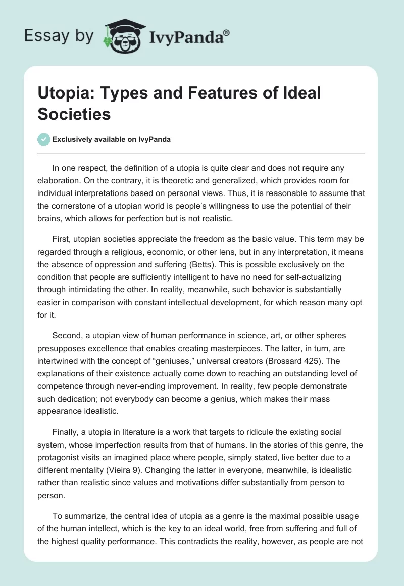 Utopia: Types and Features of Ideal Societies. Page 1