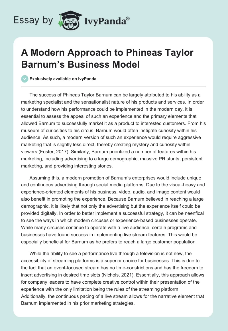 A Modern Approach to Phineas Taylor Barnum’s Business Model. Page 1