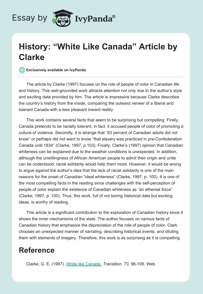 History: “White Like Canada” Article by Clarke. Page 1