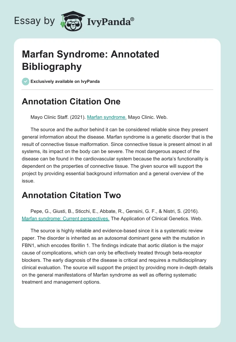 Marfan Syndrome: Annotated Bibliography. Page 1