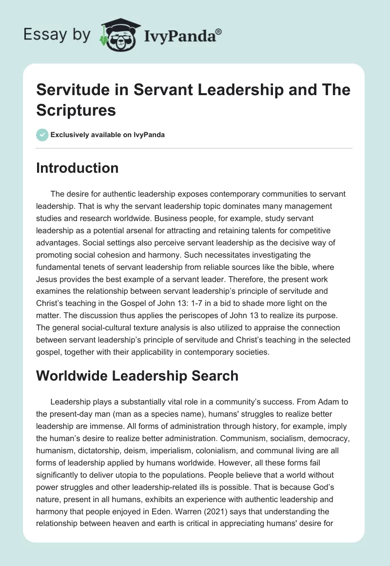 Servitude in Servant Leadership and The Scriptures. Page 1