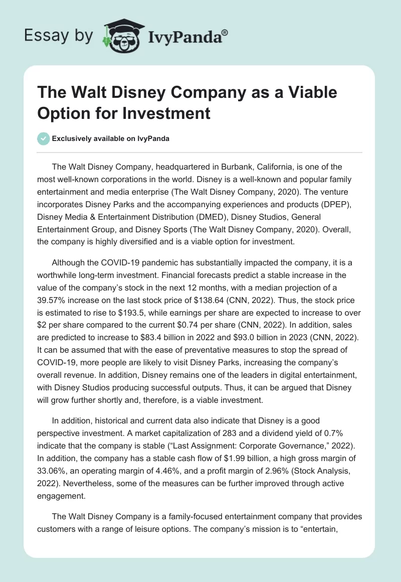 The Walt Disney Company as a Viable Option for Investment. Page 1
