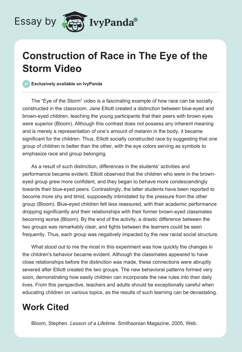 Construction of Race in "The Eye of the Storm" Video. Page 1