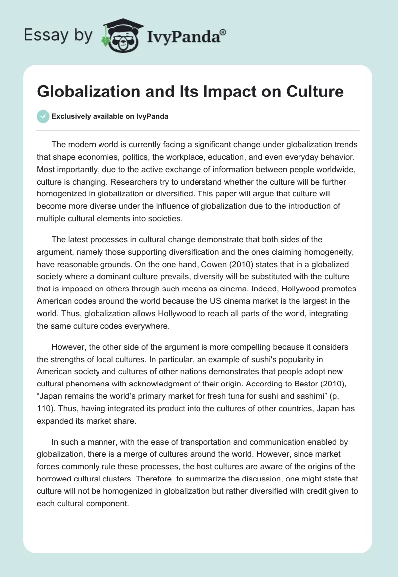 Globalization and Its Impact on Culture. Page 1
