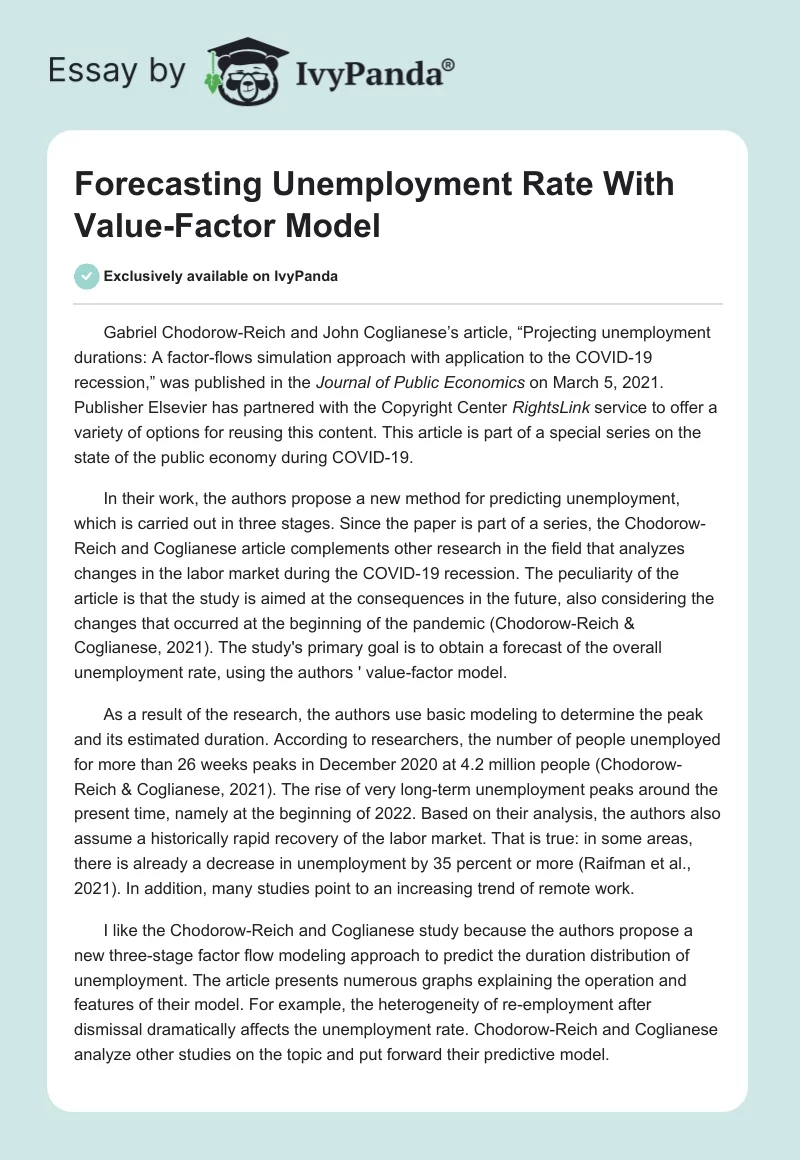 Forecasting Unemployment Rate With Value-Factor Model. Page 1