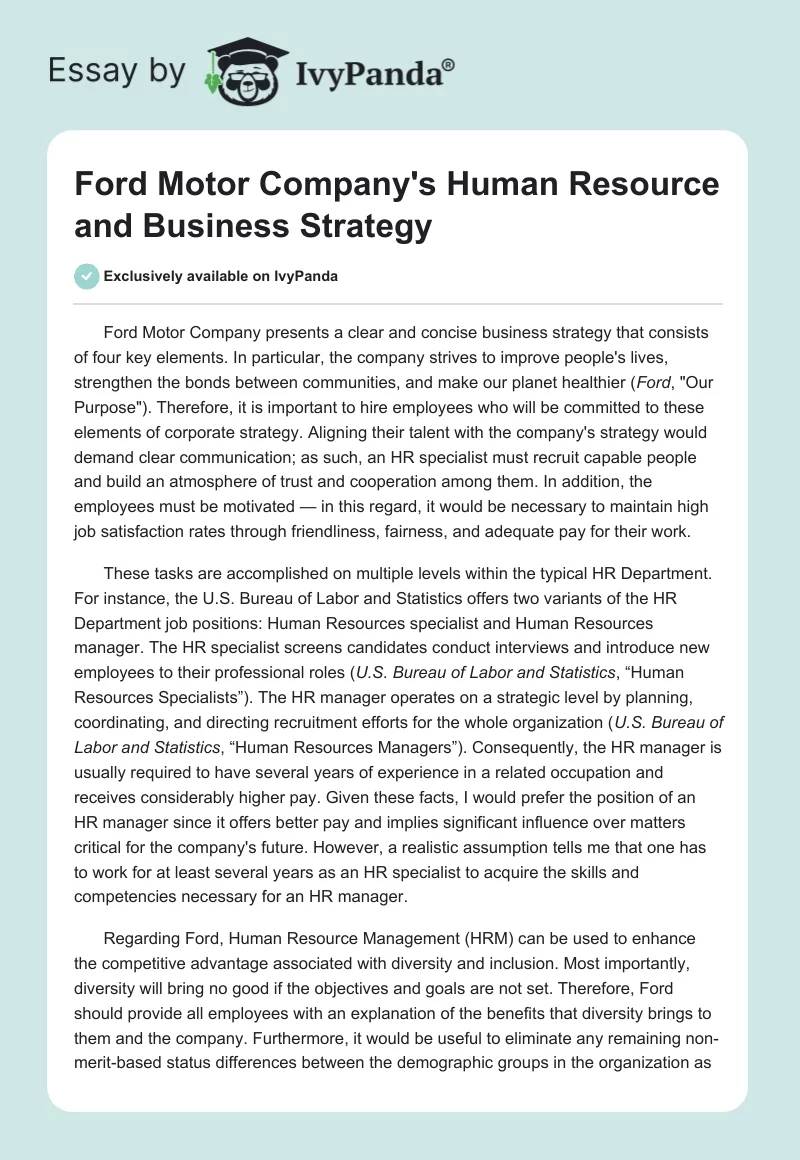 Ford Motor Company's Human Resource and Business Strategy. Page 1