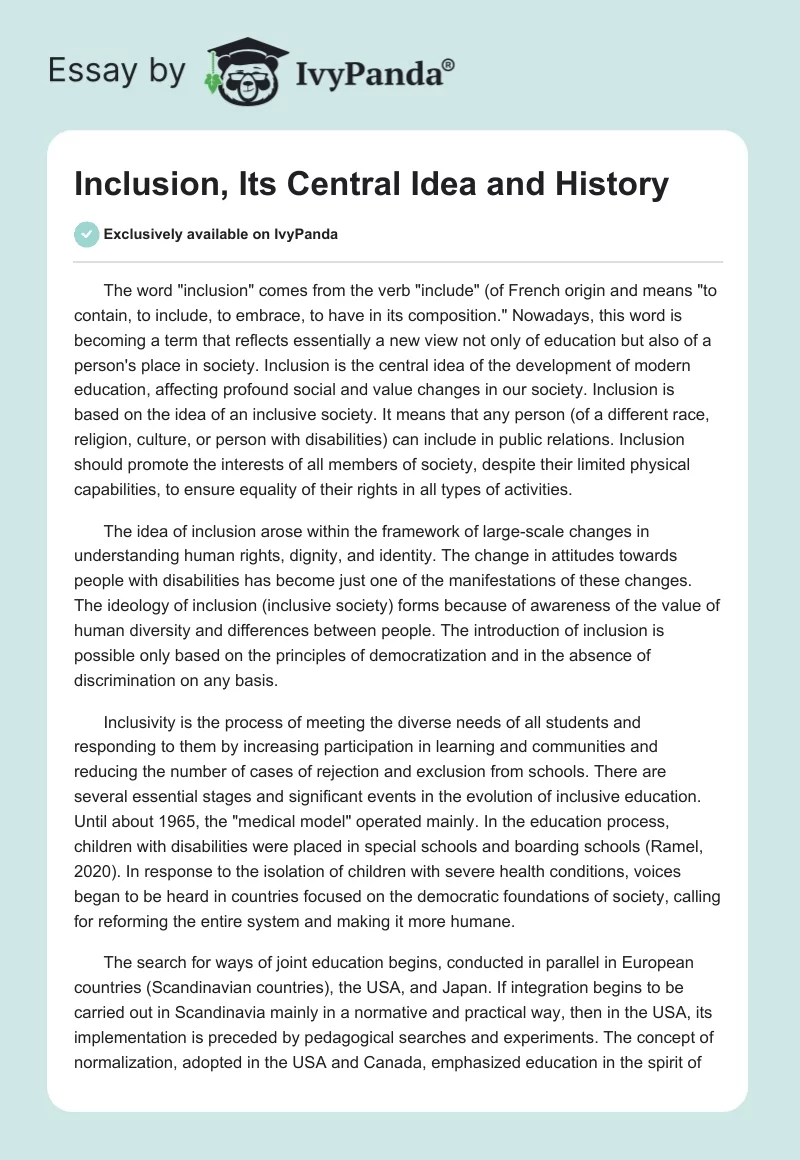 Inclusion, Its Central Idea and History. Page 1