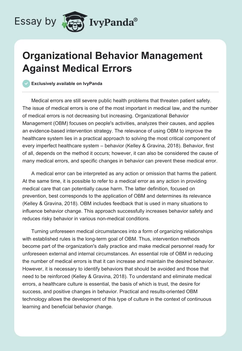 Organizational Behavior Management Against Medical Errors. Page 1
