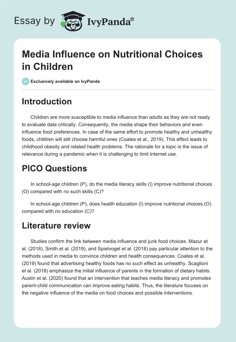 Media Influence on Nutritional Choices in Children. Page 1