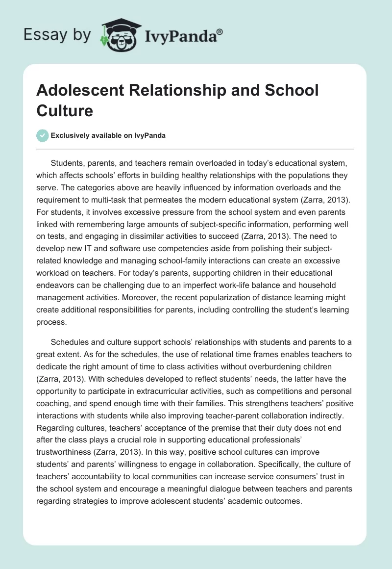 Adolescent Relationship and School Culture. Page 1