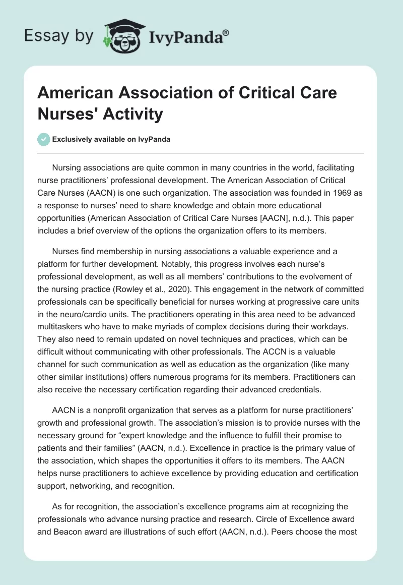 American Association of Critical Care Nurses' Activity. Page 1
