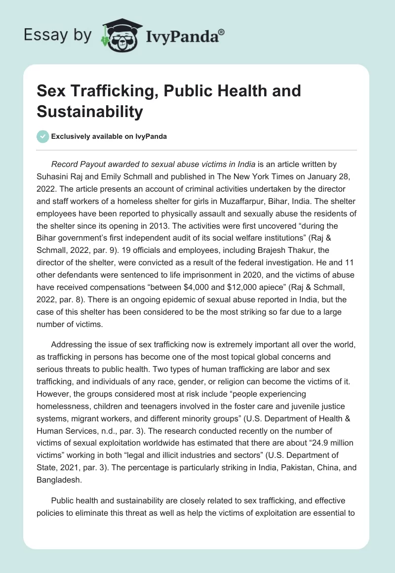 Sex Trafficking, Public Health and Sustainability. Page 1