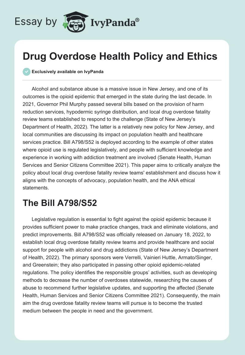 Drug Overdose Health Policy and Ethics. Page 1