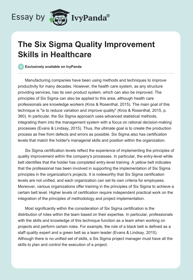 The Six Sigma Quality Improvement Skills in Healthcare. Page 1