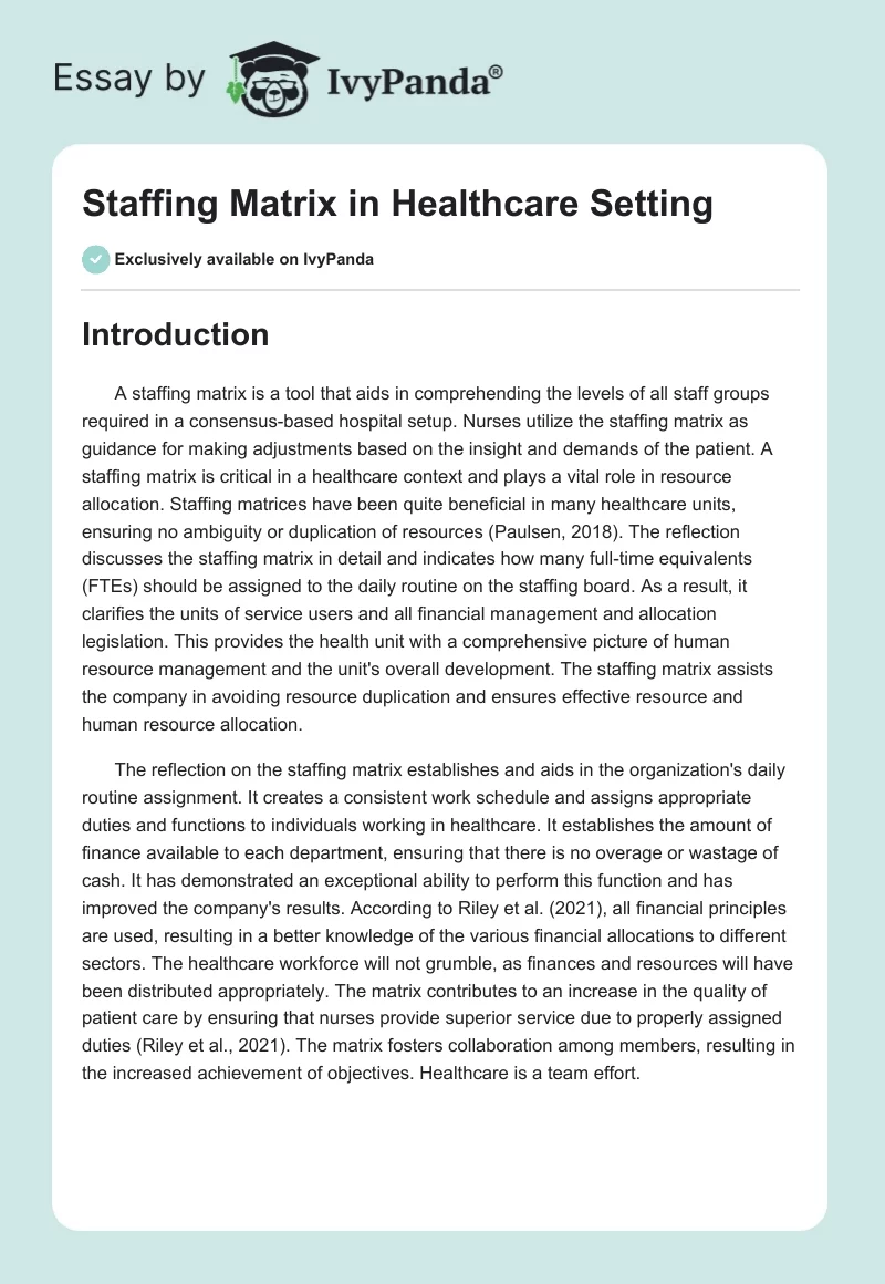 Staffing Matrix in Healthcare Setting. Page 1