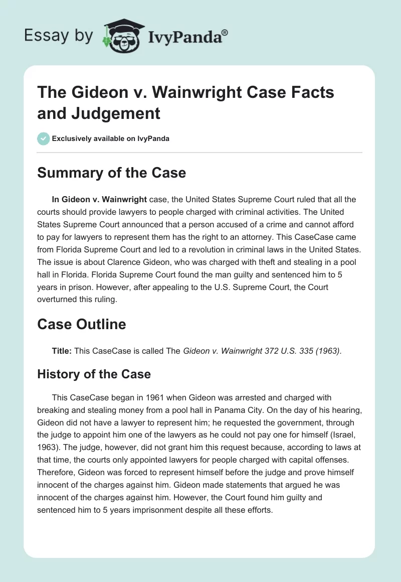 The Gideon v. Wainwright Case Facts and Judgement. Page 1