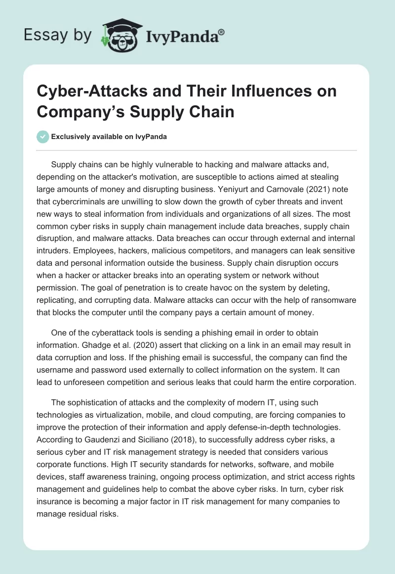 Cyber-Attacks and Their Influences on Company’s Supply Chain. Page 1