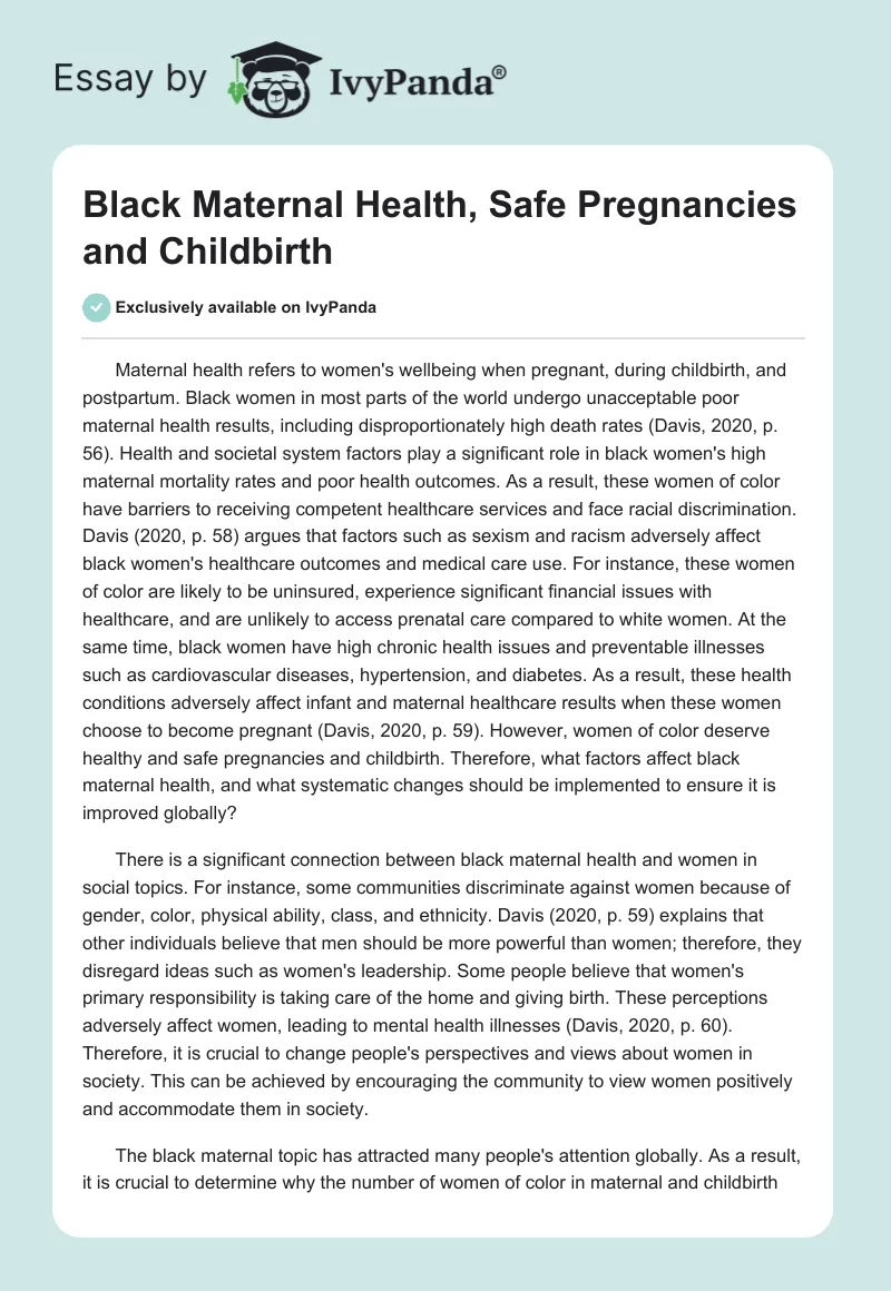 Black Maternal Health, Safe Pregnancies and Childbirth. Page 1