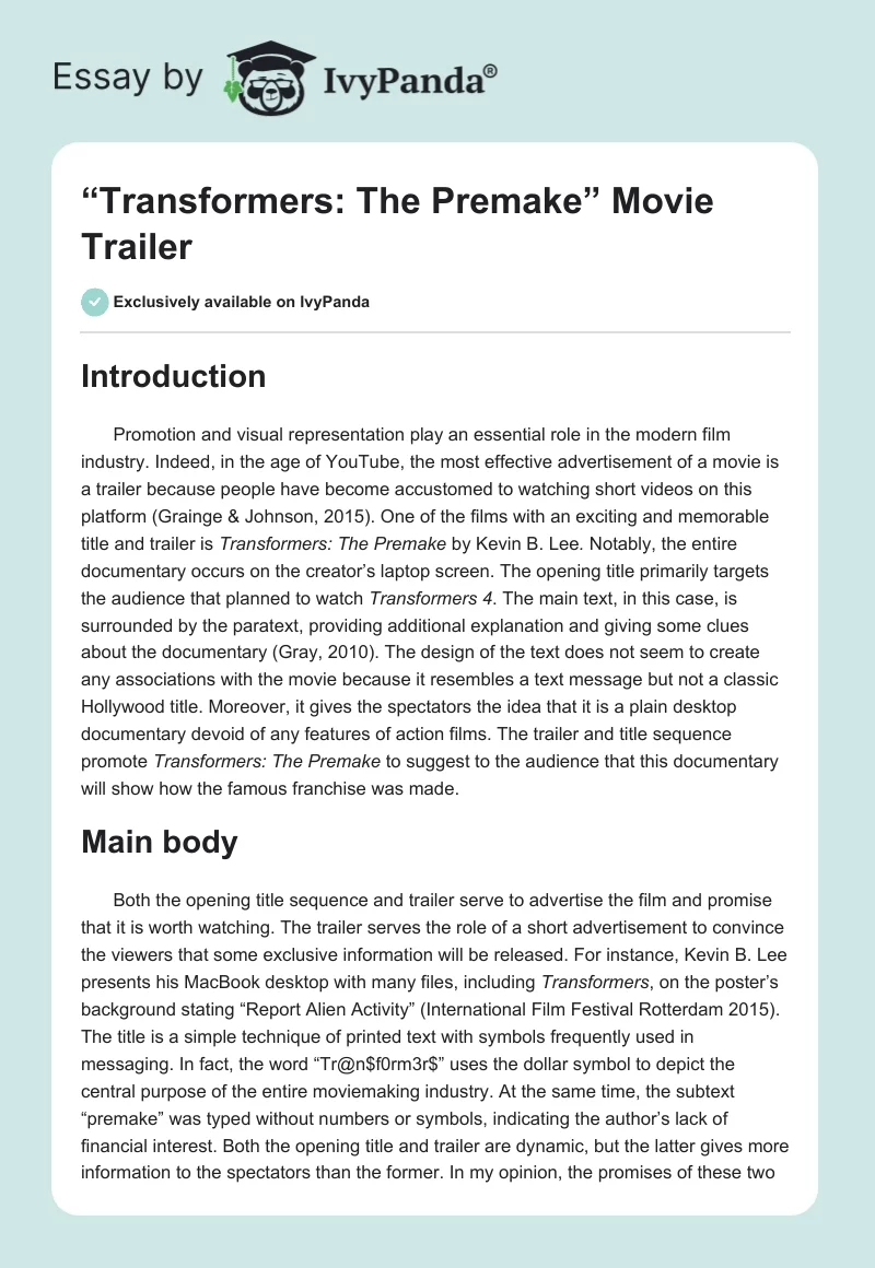 “Transformers: The Premake” Movie Trailer. Page 1