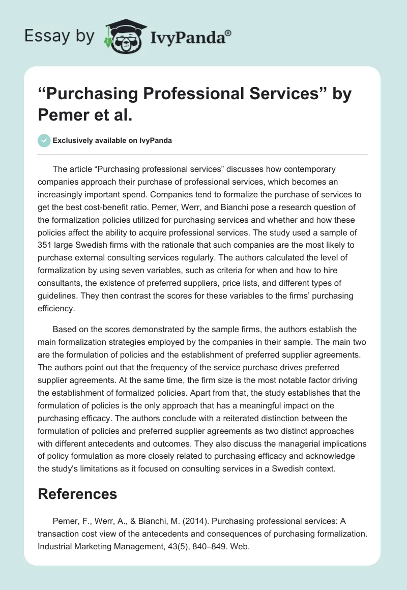 “Purchasing Professional Services” by Pemer et al.. Page 1