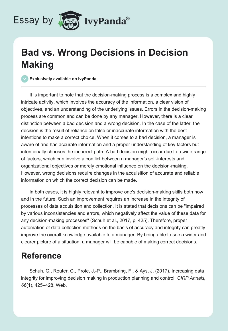 Bad vs. Wrong Decisions in Decision Making. Page 1