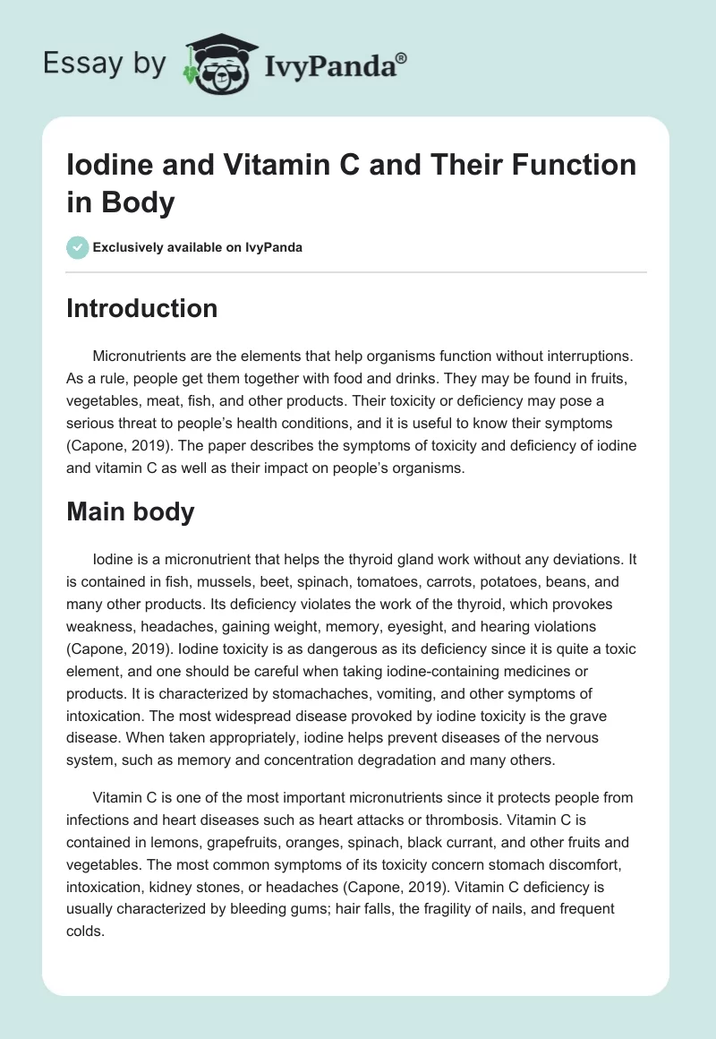 Iodine and Vitamin C and Their Function in Body. Page 1