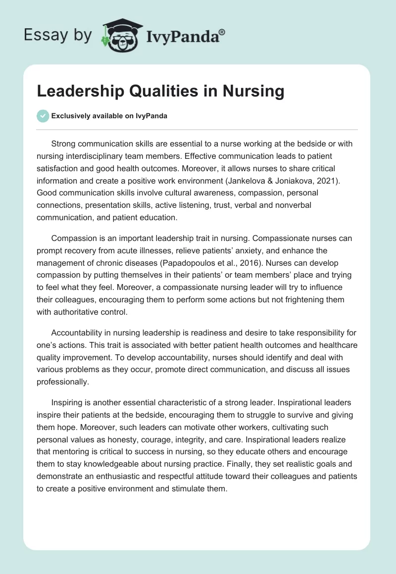 Leadership Qualities in Nursing. Page 1