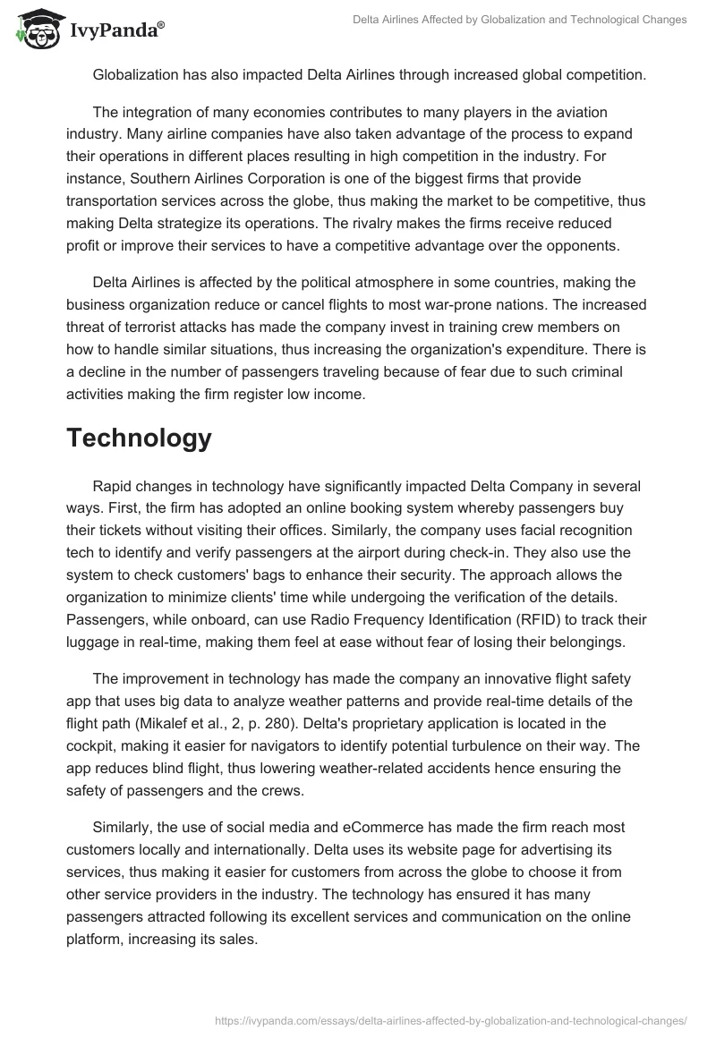 Delta Airlines Affected by Globalization and Technological Changes. Page 2