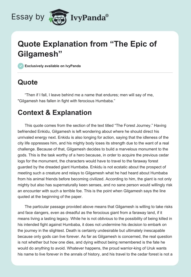 Quote Explanation From “The Epic of Gilgamesh”. Page 1