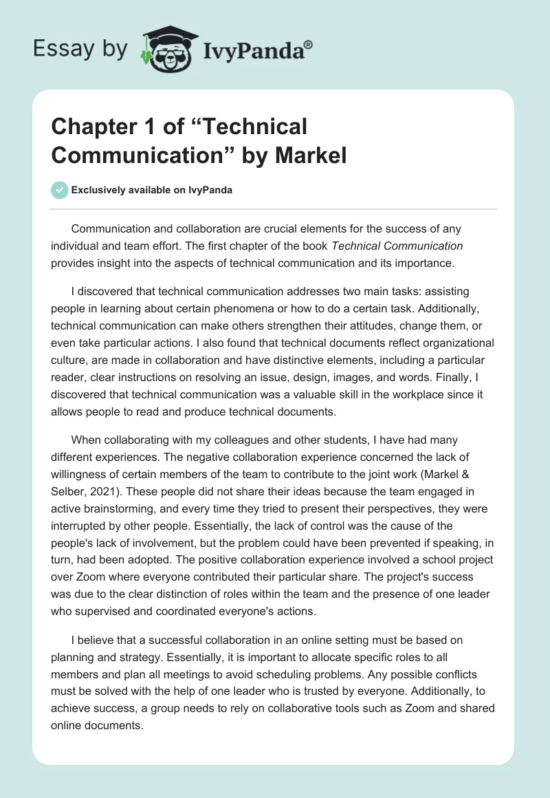 Chapter 1 of “Technical Communication” by Markel. Page 1